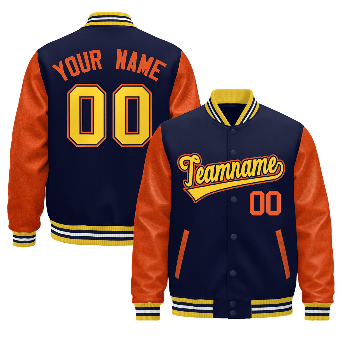Custom Gold Orange Navy White Raglan Sleeves Varsity Full-Snap Leather Sleeves Letterman Jacket| KXKSHOP