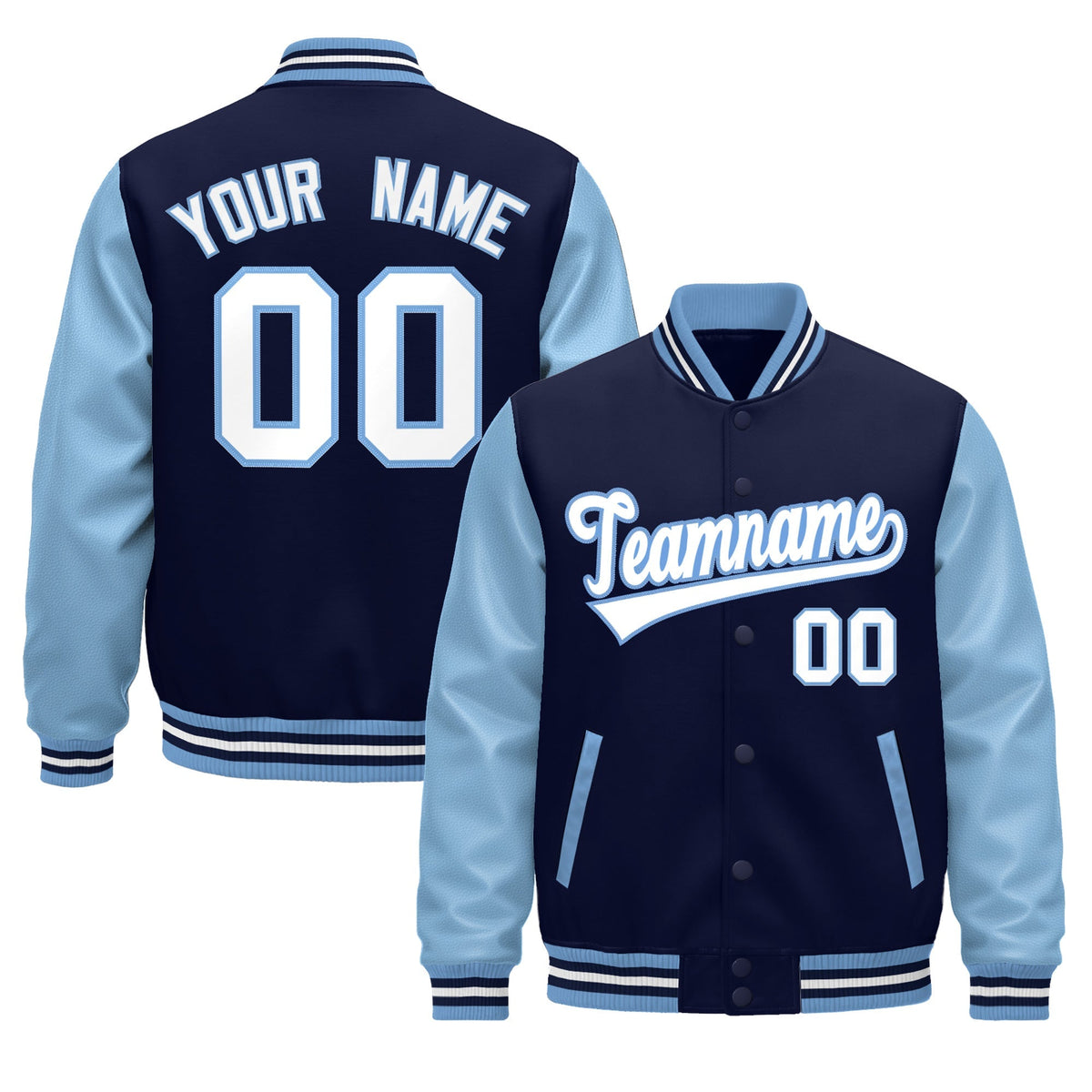 Custom Light Blue Navy White Raglan Sleeves Varsity Full-Snap Leather Sleeves Letterman Jacket| KXKSHOP