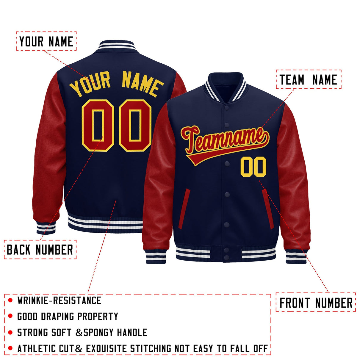 Custom Navy Red White Gold Raglan Sleeves Varsity Full-Snap Leather Sleeves Letterman Jacket| KXKSHOP