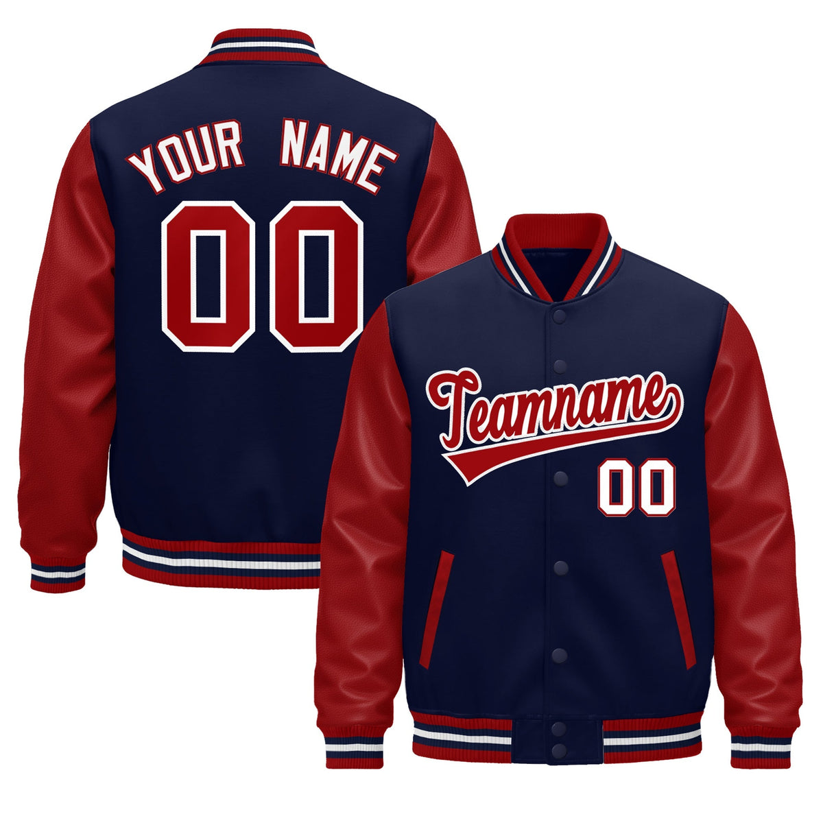 Custom Red Navy White Raglan Sleeves Varsity Full-Snap Leather Sleeves Letterman Jacket| KXKSHOP