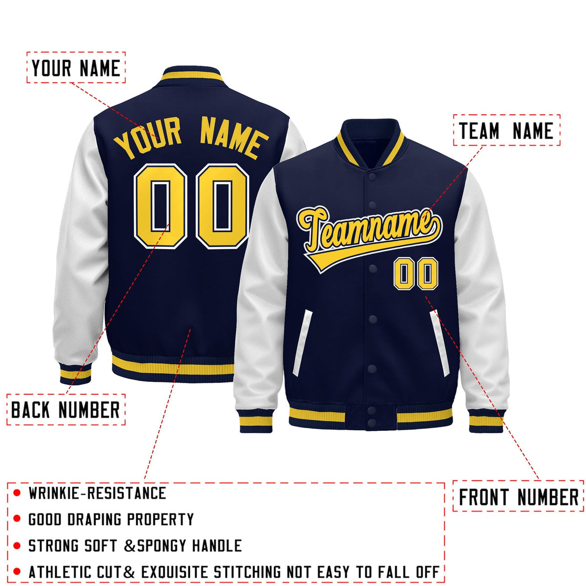 Custom Navy White Gold Raglan Sleeves Varsity Full-Snap Leather Sleeves Letterman Jacket| KXKSHOP