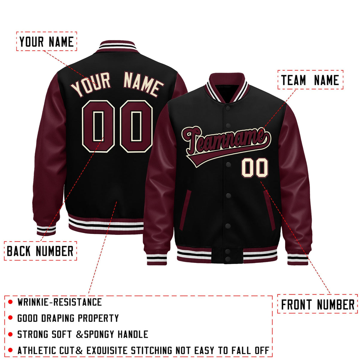 Custom Burgundy Black Crimson Raglan Sleeves Varsity Full-Snap Leather Sleeves Letterman Jacket| KXKSHOP