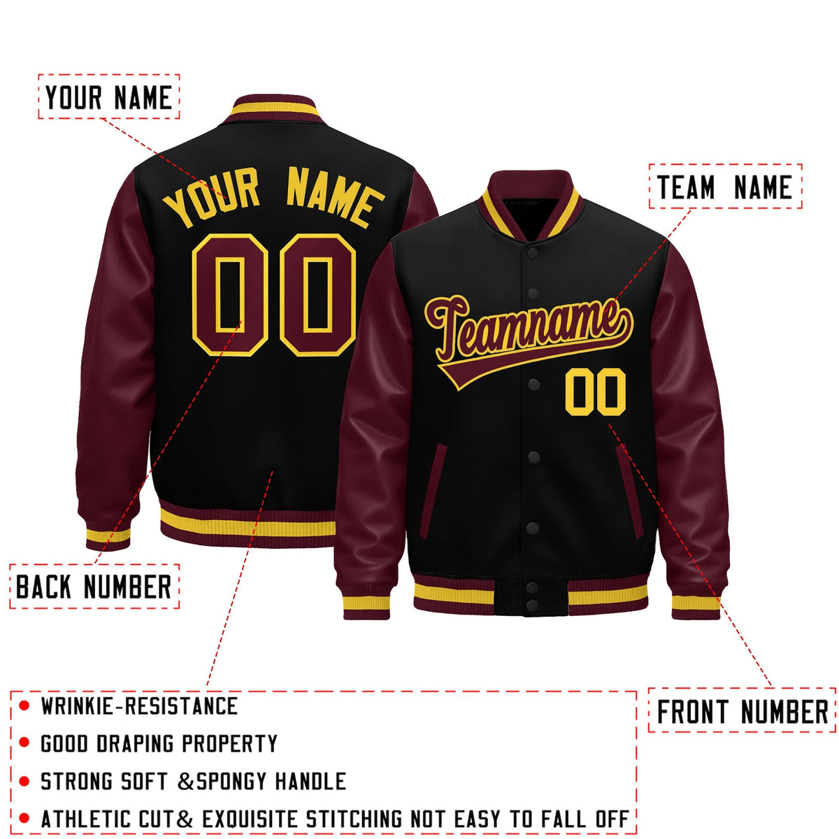 Custom Burgundy Black Crimson Gold Raglan Sleeves Varsity Full-Snap Leather Sleeves Letterman Jacket| KXKSHOP