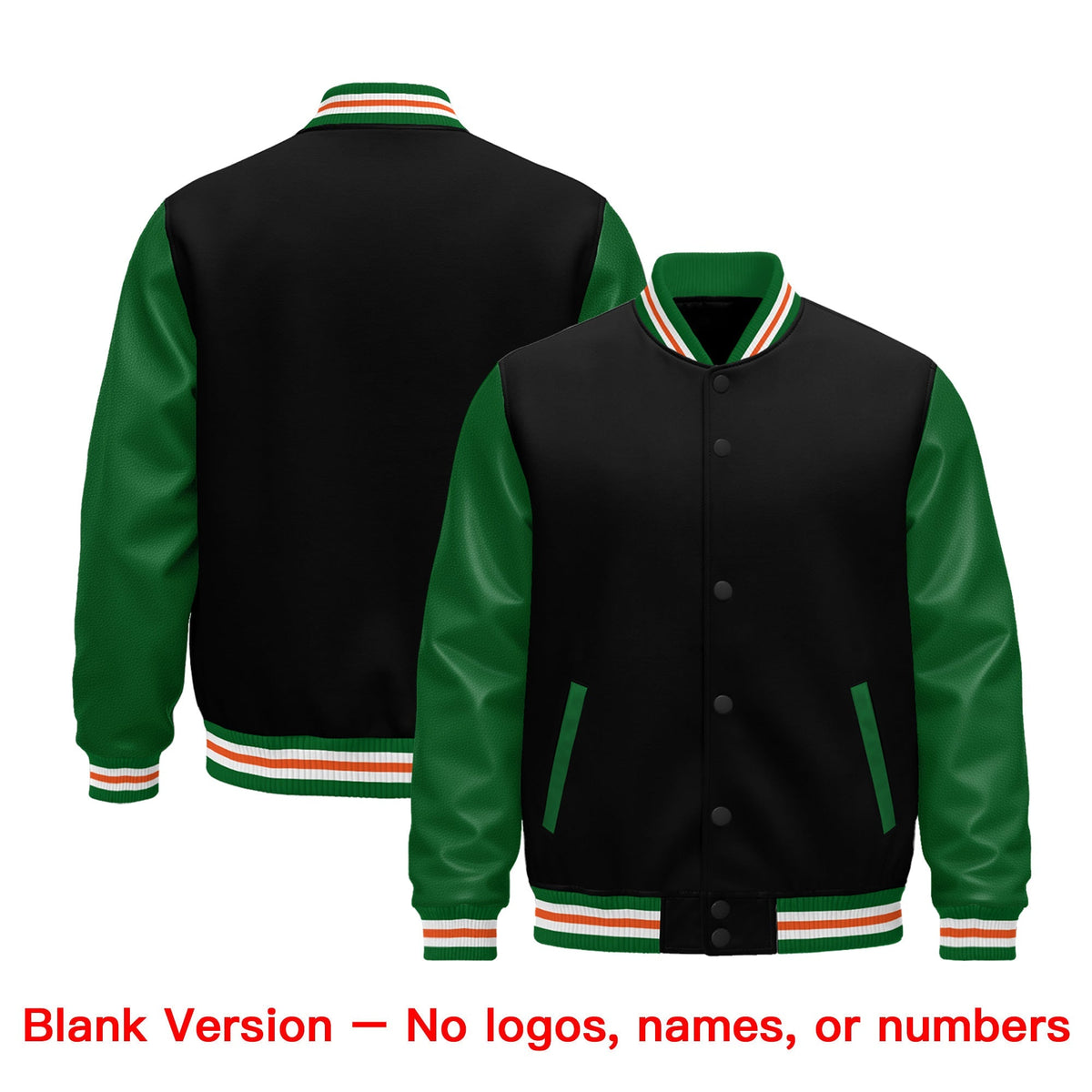 Custom Black Kelly Green White Orange Raglan Sleeves Varsity Full-Snap Leather Sleeves Letterman Jacket| KXKSHOP