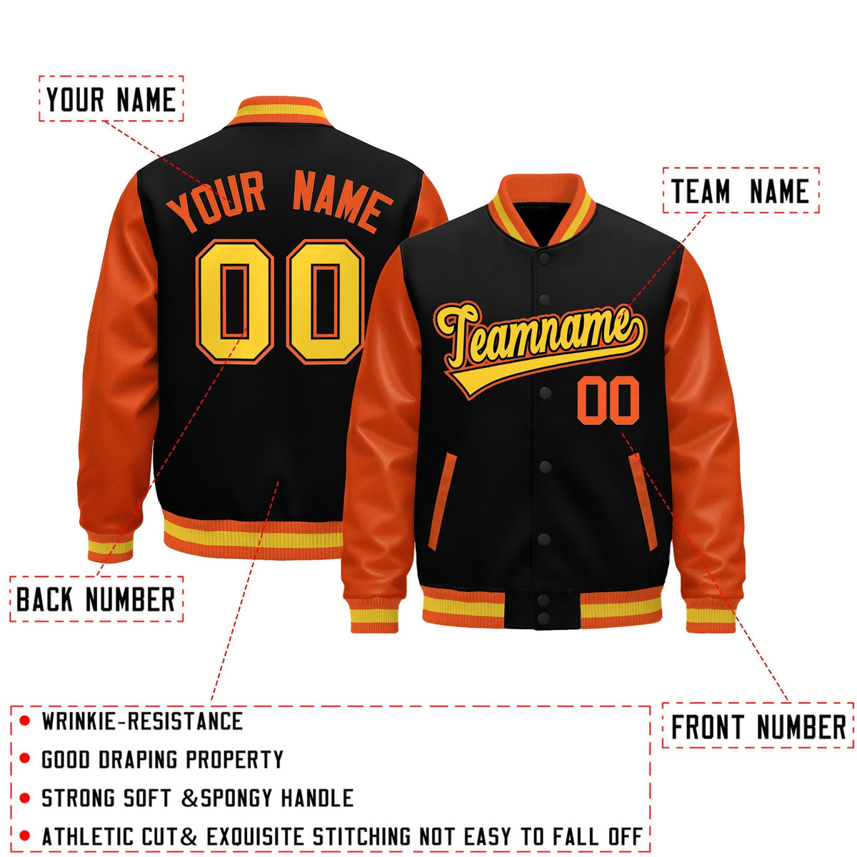 Custom Black Orange Gold Raglan Sleeves Varsity Full-Snap Leather Sleeves Letterman Jacket| KXKSHOP