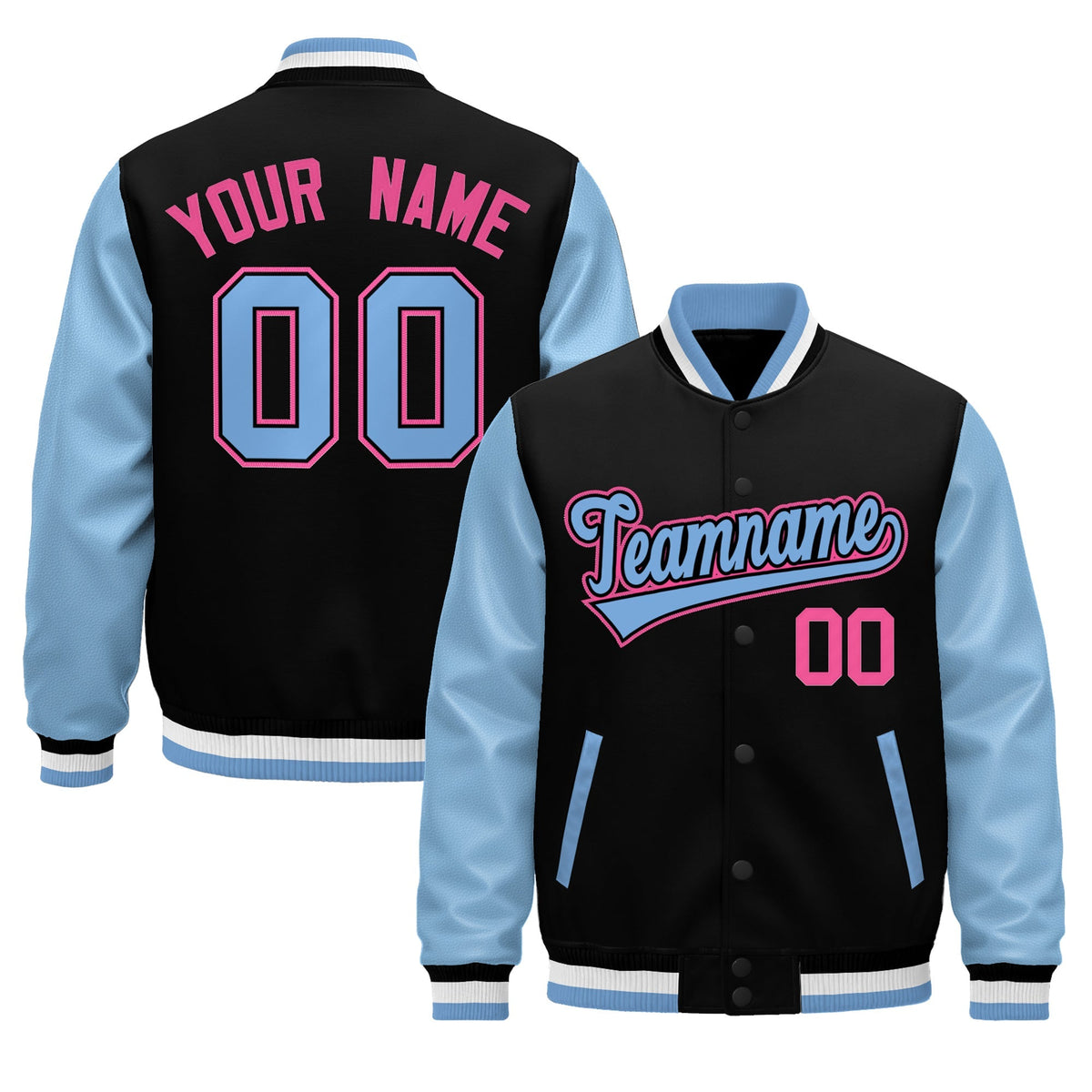 Custom Black Light Blue White Rose Red Raglan Sleeves Varsity Full-Snap Leather Sleeves Letterman Jacket| KXKSHOP