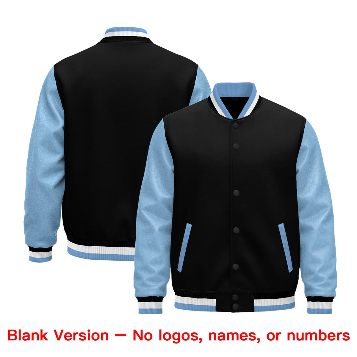 Custom Black Light Blue White Raglan Sleeves Varsity Full-Snap Leather Sleeves Letterman Jacket| KXKSHOP