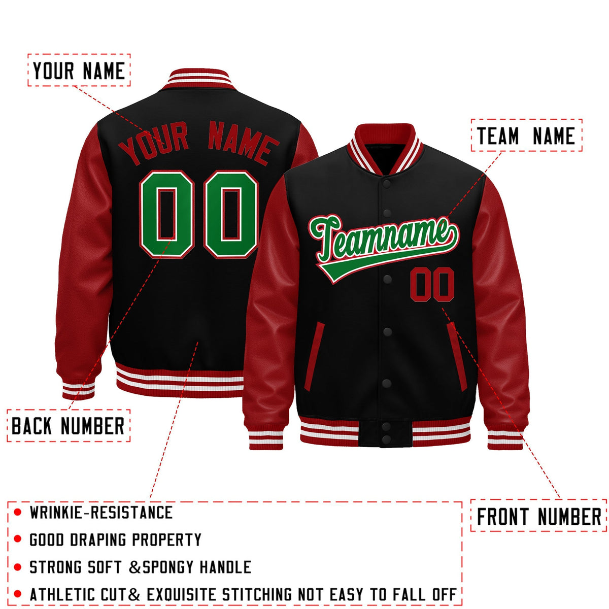 Custom Black Red Kelly Green Raglan Sleeves Varsity Full-Snap Leather Sleeves Letterman Jacket| KXKSHOP