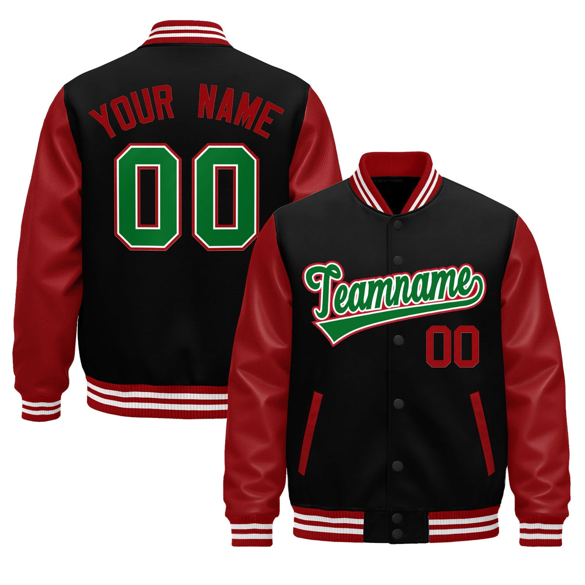 Custom Black Red Kelly Green Raglan Sleeves Varsity Full-Snap Leather Sleeves Letterman Jacket| KXKSHOP