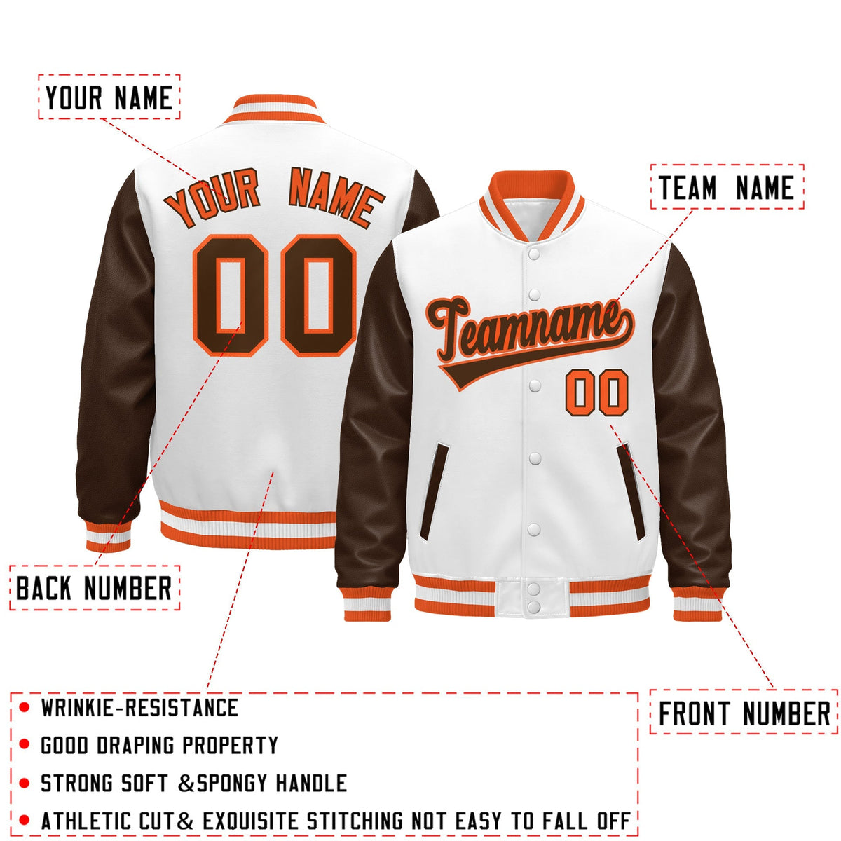Custom White Brown Orange Raglan Sleeves Varsity Full-Snap Leather Sleeves Letterman Jacket| KXKSHOP