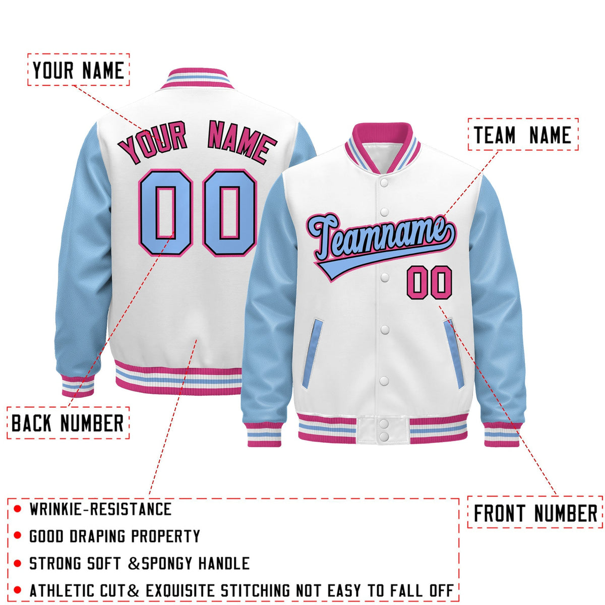 Custom White Light Blue Pink Raglan Sleeves Varsity Full-Snap Leather Sleeves Letterman Jacket| KXKSHOP