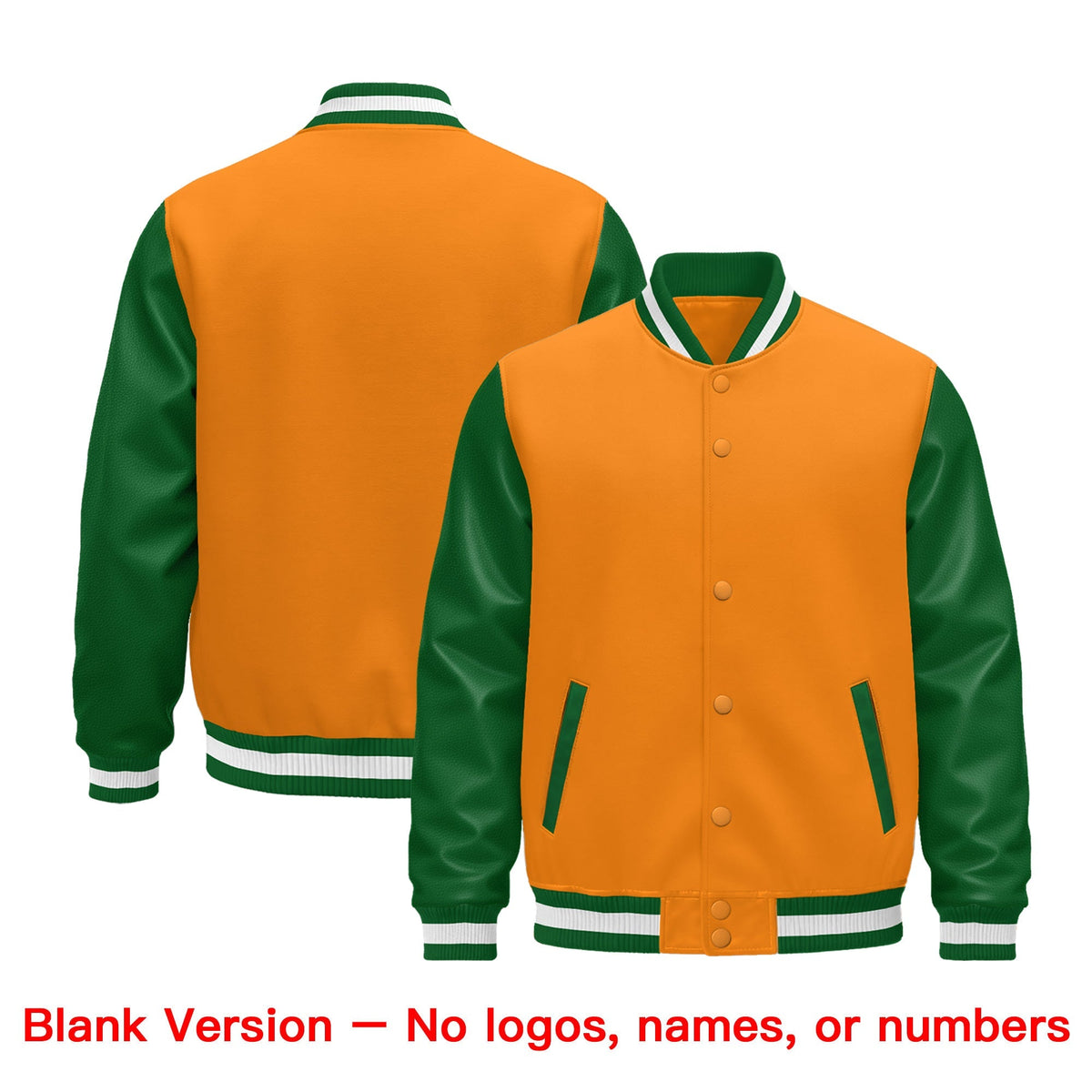 Custom Kelly Green Orange White Raglan Sleeves Varsity Full-Snap Leather Sleeves Letterman Jacket| KXKSHOP