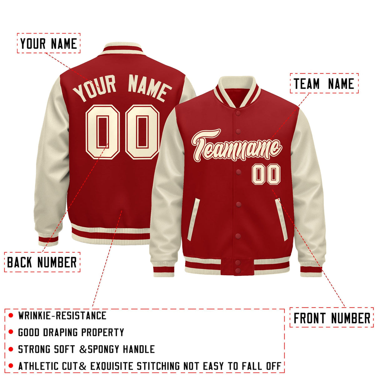 Custom Cream Cream Red Raglan Sleeves Varsity Full-Snap Leather Sleeves Letterman Jacket| KXKSHOP