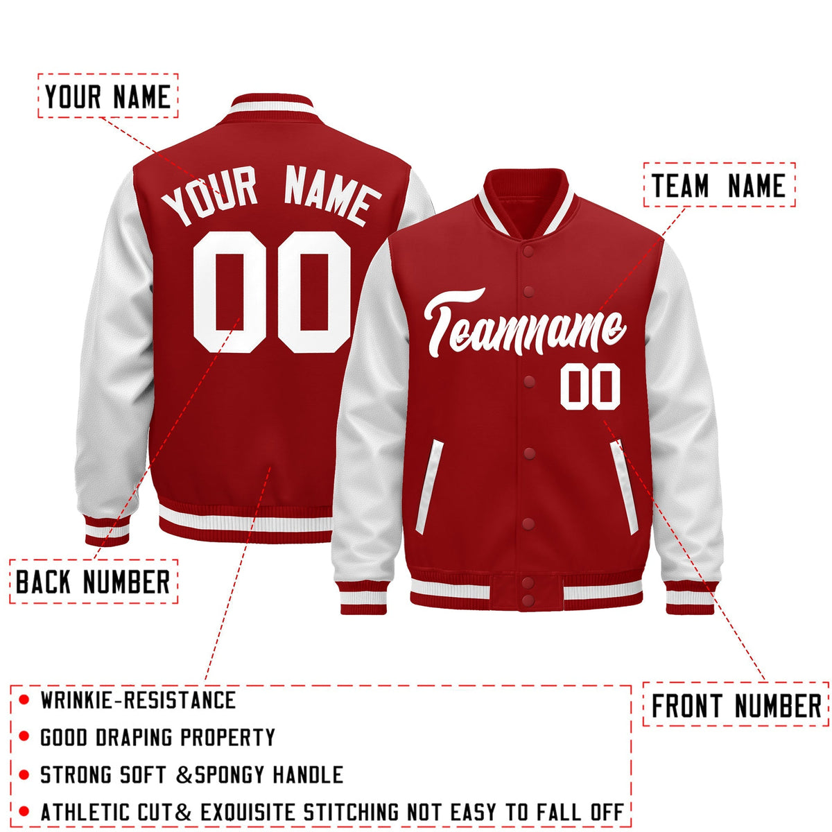 Custom Red White Raglan Sleeves Varsity Full-Snap Leather Sleeves Letterman Jacket| KXKSHOP