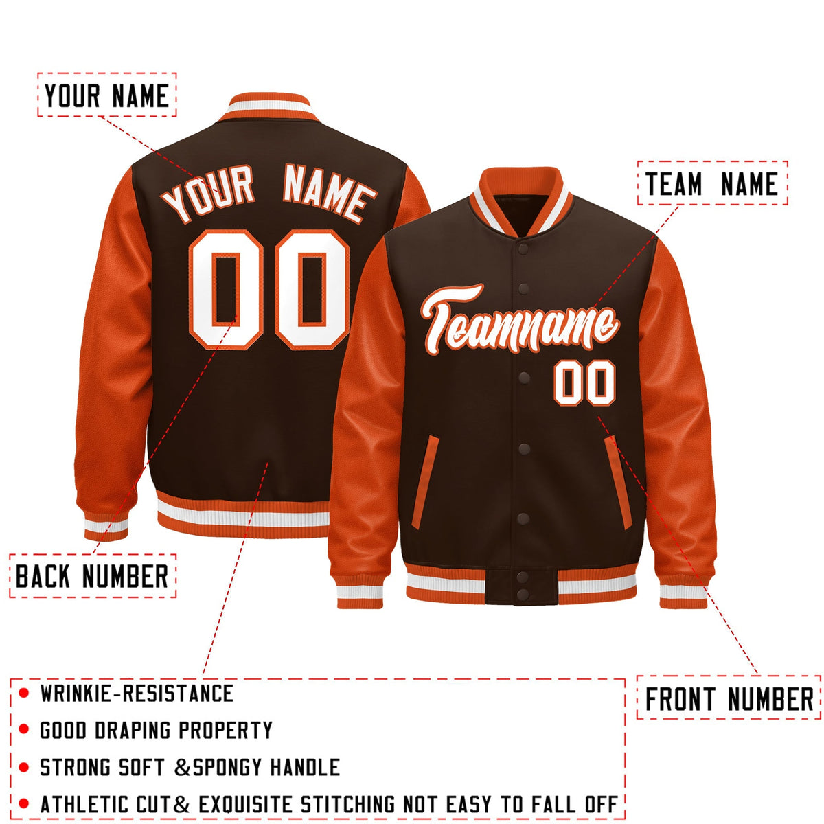 Custom Orange Brown White Raglan Sleeves Varsity Full-Snap Leather Sleeves Letterman Jacket| KXKSHOP