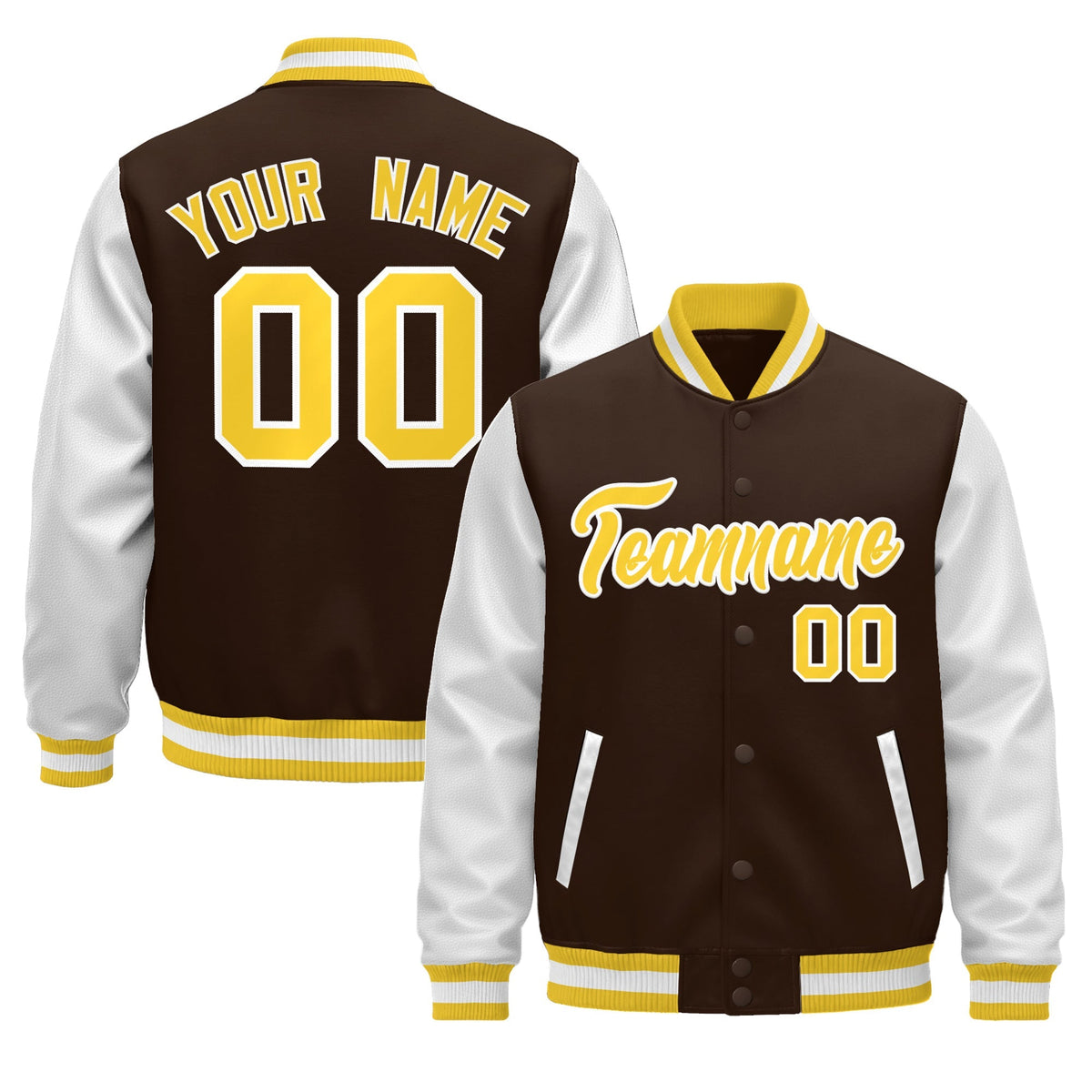 Custom White Brown Gold Raglan Sleeves Varsity Full-Snap Leather Sleeves Letterman Jacket| KXKSHOP