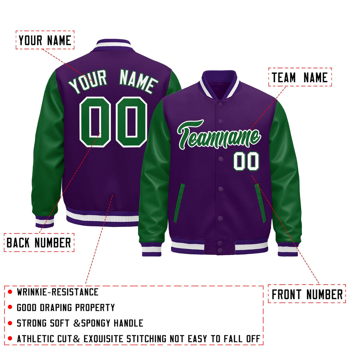 Custom Purple Kelly Green White Raglan Sleeves Varsity Full-Snap Leather Sleeves Letterman Jacket| KXKSHOP