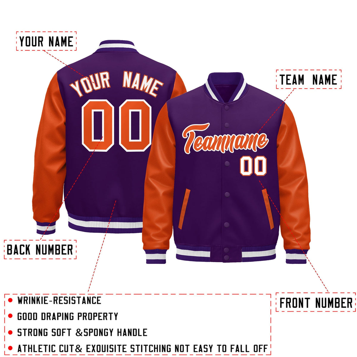 Custom Purple Orange White Raglan Sleeves Varsity Full-Snap Leather Sleeves Letterman Jacket| KXKSHOP