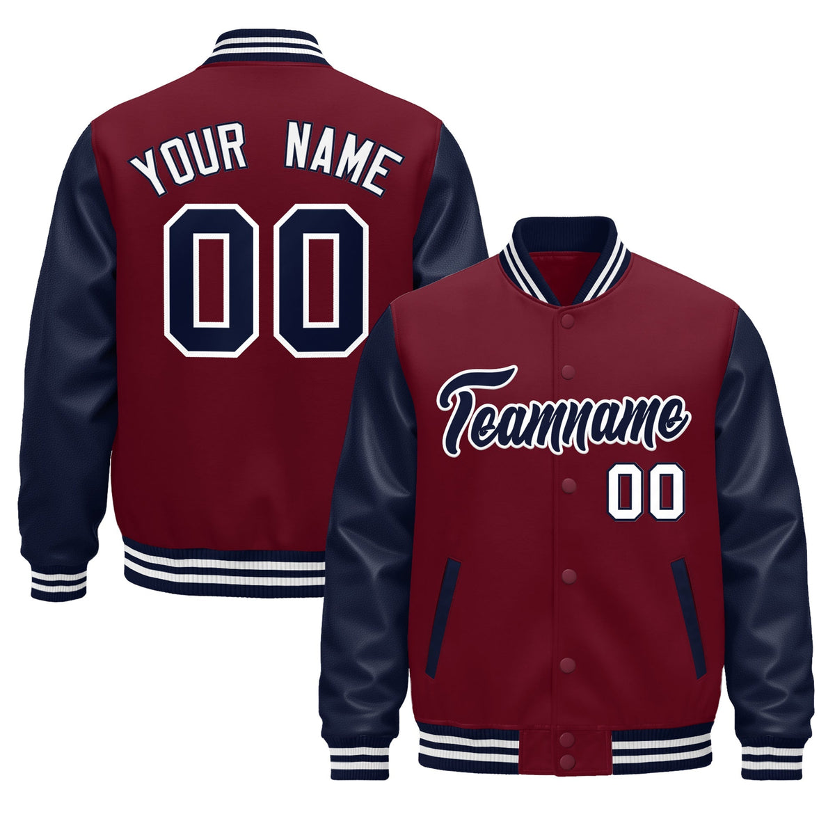 Custom Crimson Navy White Raglan Sleeves Varsity Full-Snap Leather Sleeves Letterman Jacket| KXKSHOP