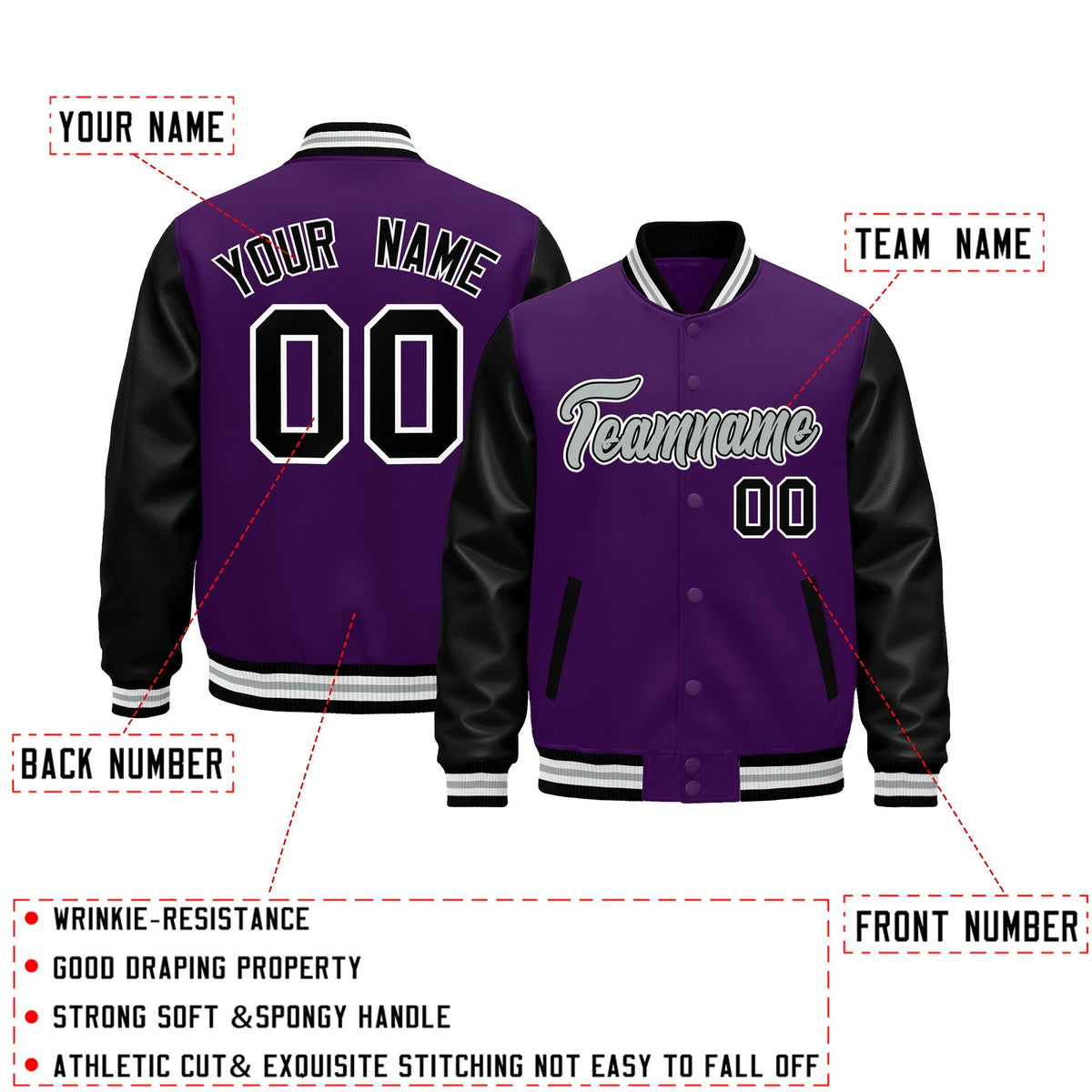 Custom Black Purple White Gray Raglan Sleeves Varsity Full-Snap Leather Sleeves Letterman Jacket| KXKSHOP