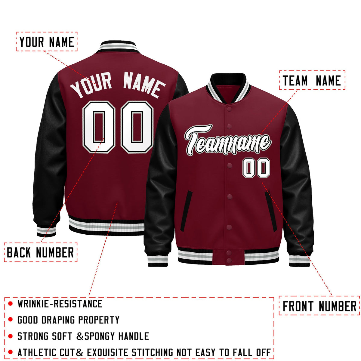 Custom Crimson Black White Gray Raglan Sleeves Varsity Full-Snap Leather Sleeves Letterman Jacket| KXKSHOP