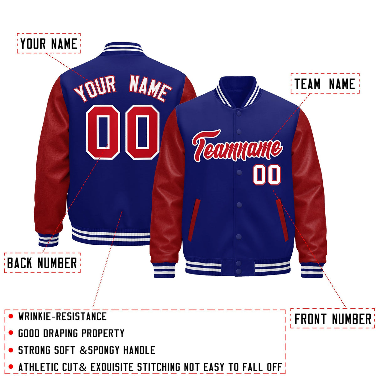 Custom Royal Blue Red White Raglan Sleeves Varsity Full-Snap Leather Sleeves Letterman Jacket| KXKSHOP