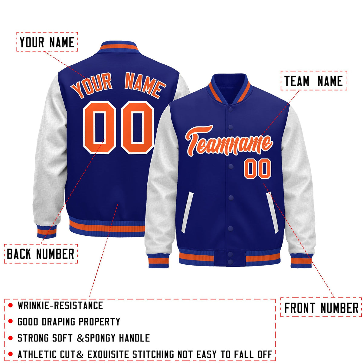 Custom Royal Blue White Orange Raglan Sleeves Varsity Full-Snap Leather Sleeves Letterman Jacket| KXKSHOP