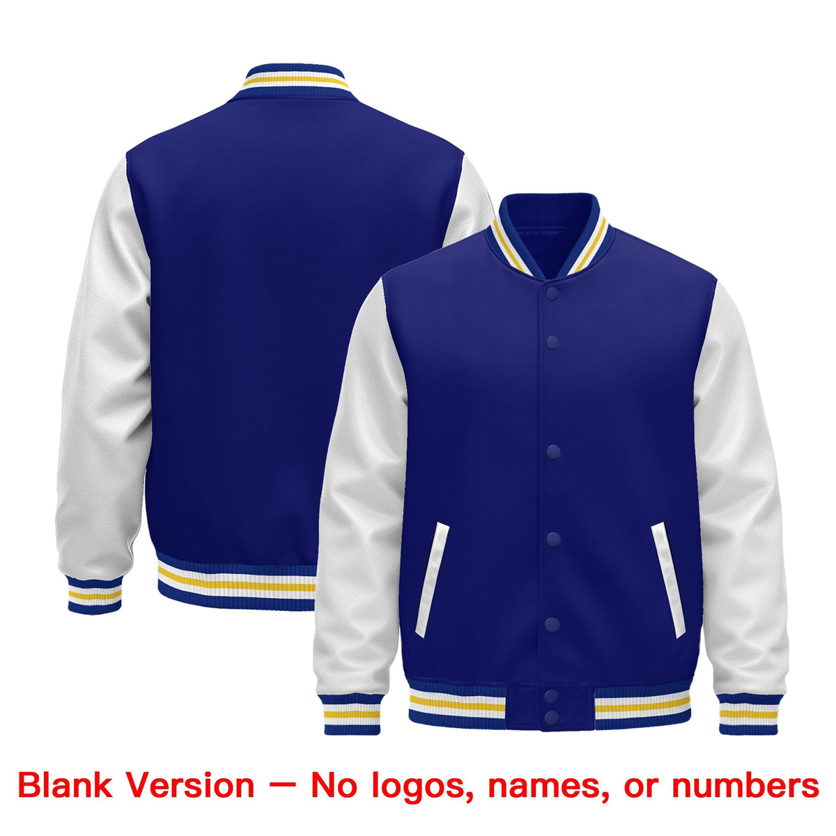 Custom Royal Blue White Gold Raglan Sleeves Varsity Full-Snap Leather Sleeves Letterman Jacket| KXKSHOP