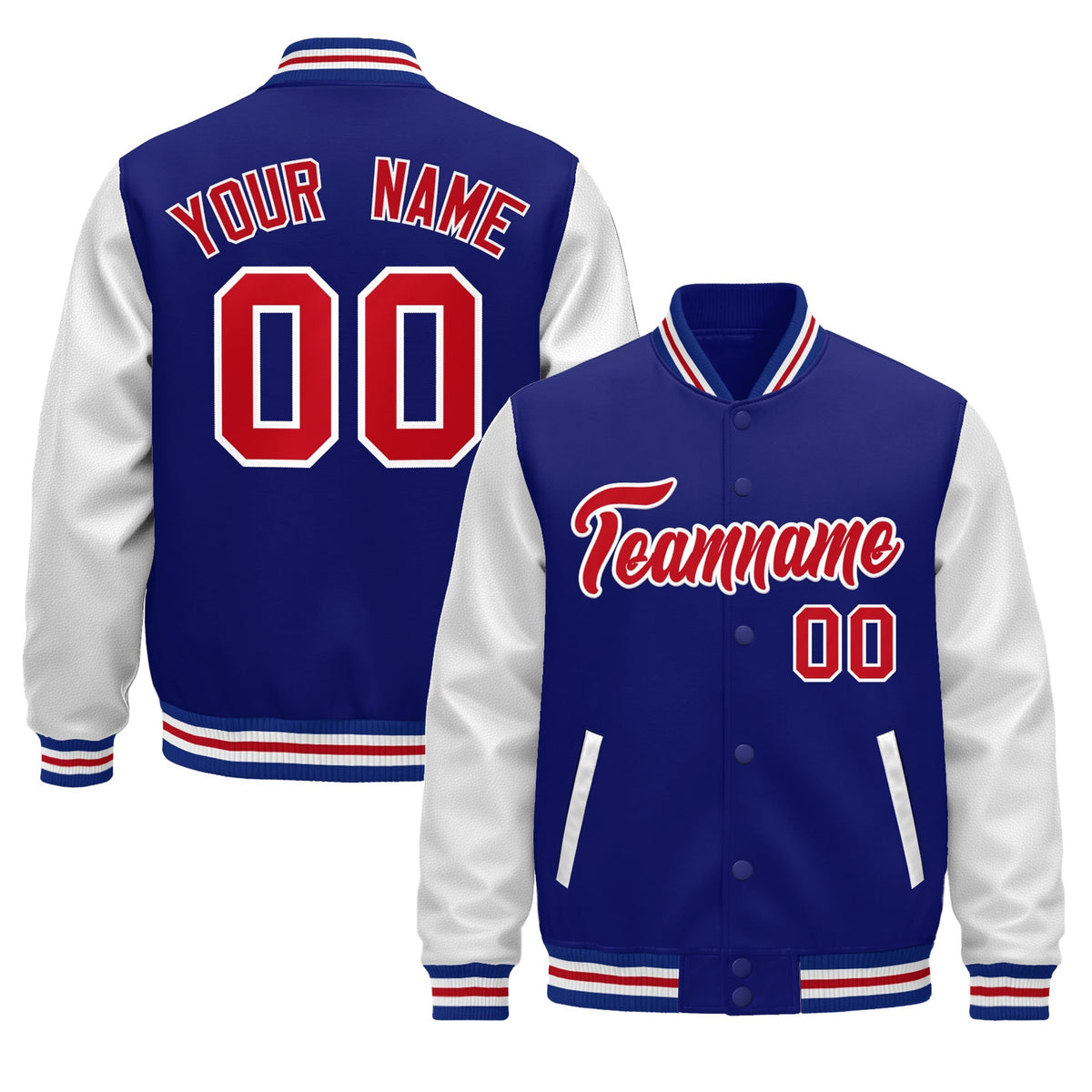 Custom Royal Blue White Red Raglan Sleeves Varsity Full-Snap Leather Sleeves Letterman Jacket| KXKSHOP