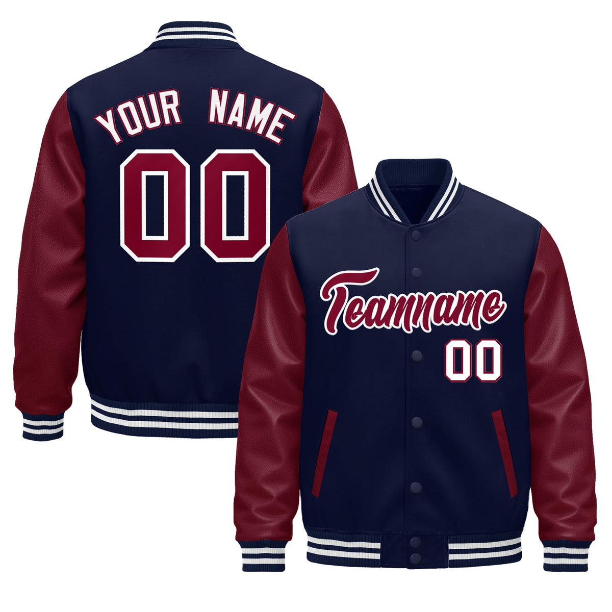 Custom Navy Burgundy White Crimson Raglan Sleeves Varsity Full-Snap Leather Sleeves Letterman Jacket| KXKSHOP