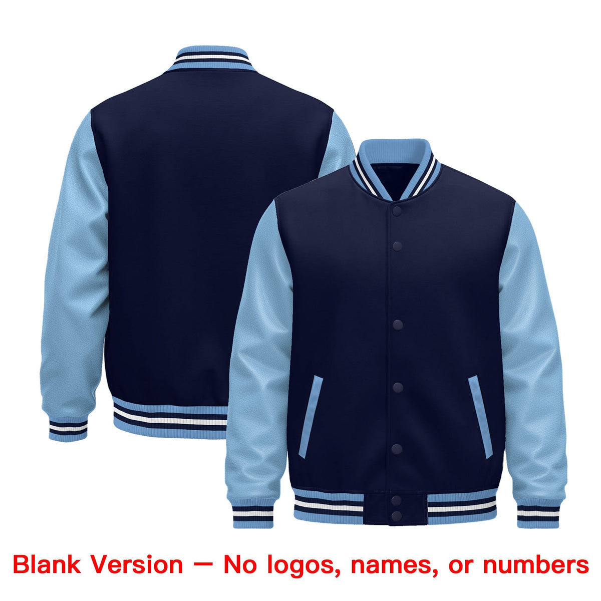 Custom Light Blue Navy White Raglan Sleeves Varsity Full-Snap Leather Sleeves Letterman Jacket| KXKSHOP
