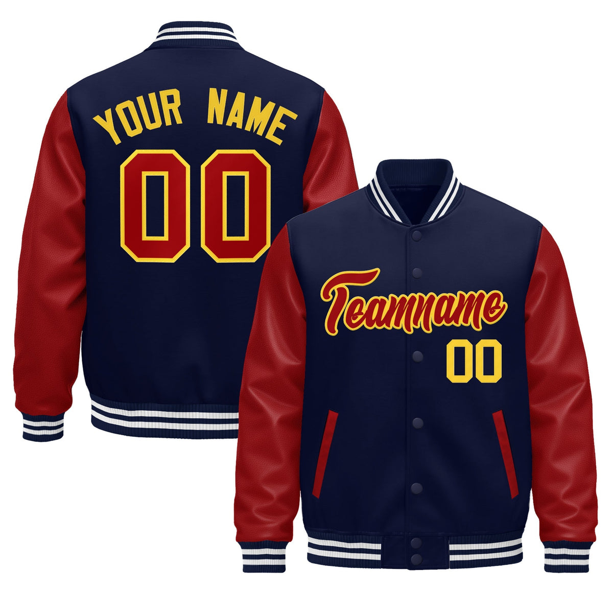 Custom Navy Red White Gold Raglan Sleeves Varsity Full-Snap Leather Sleeves Letterman Jacket| KXKSHOP