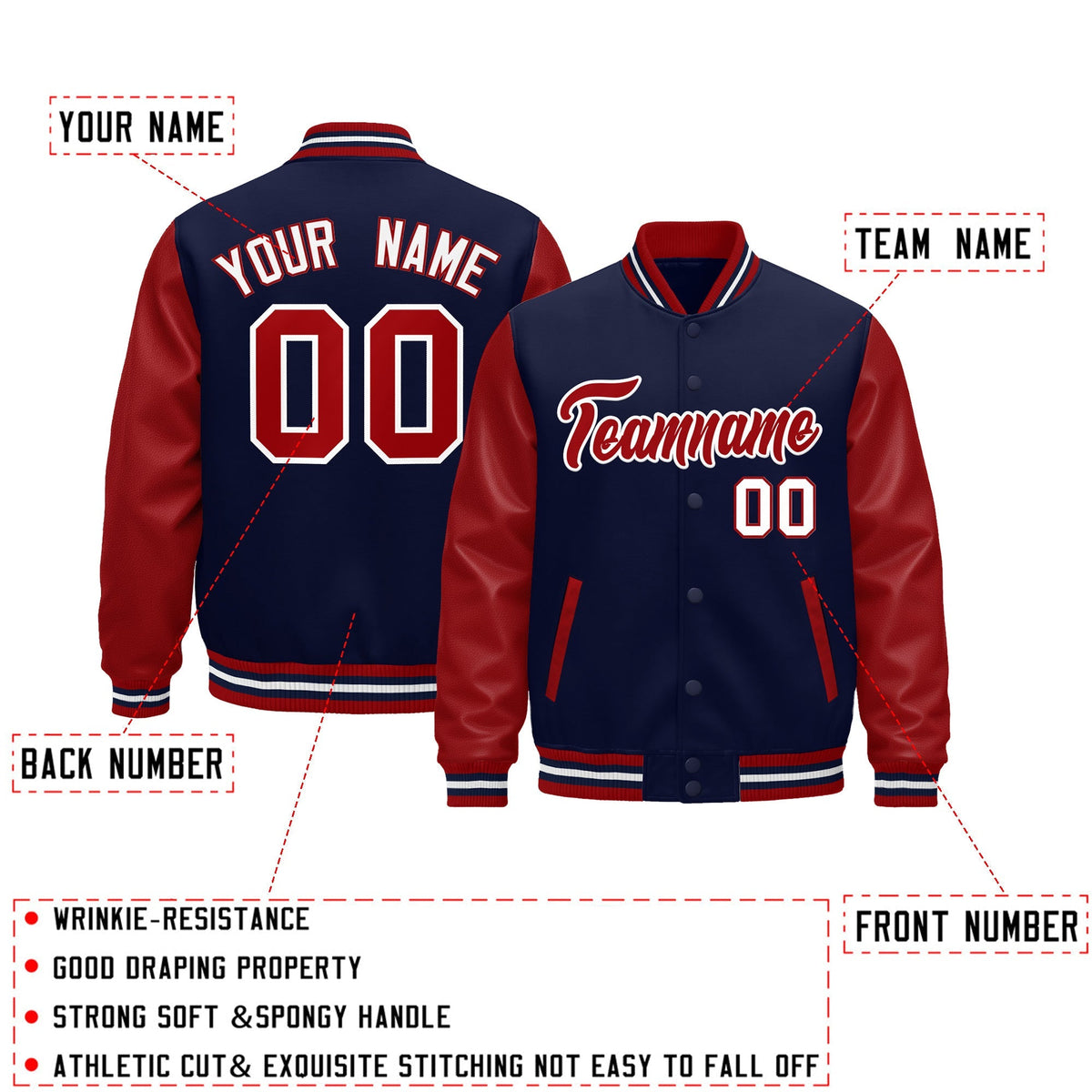 Custom Red Navy White Raglan Sleeves Varsity Full-Snap Leather Sleeves Letterman Jacket| KXKSHOP