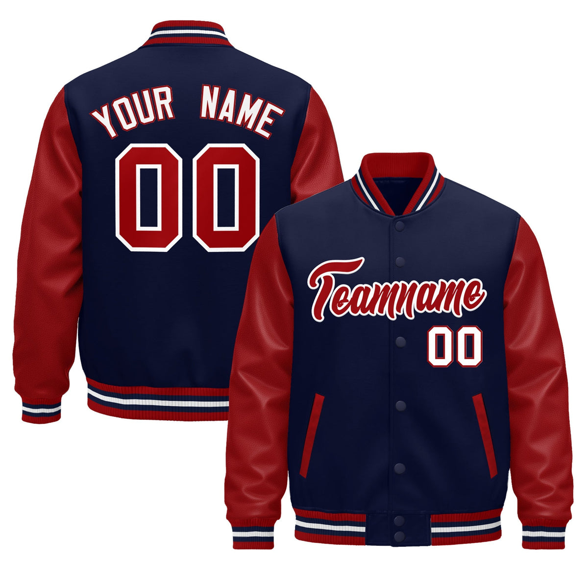 Custom Red Navy White Raglan Sleeves Varsity Full-Snap Leather Sleeves Letterman Jacket| KXKSHOP