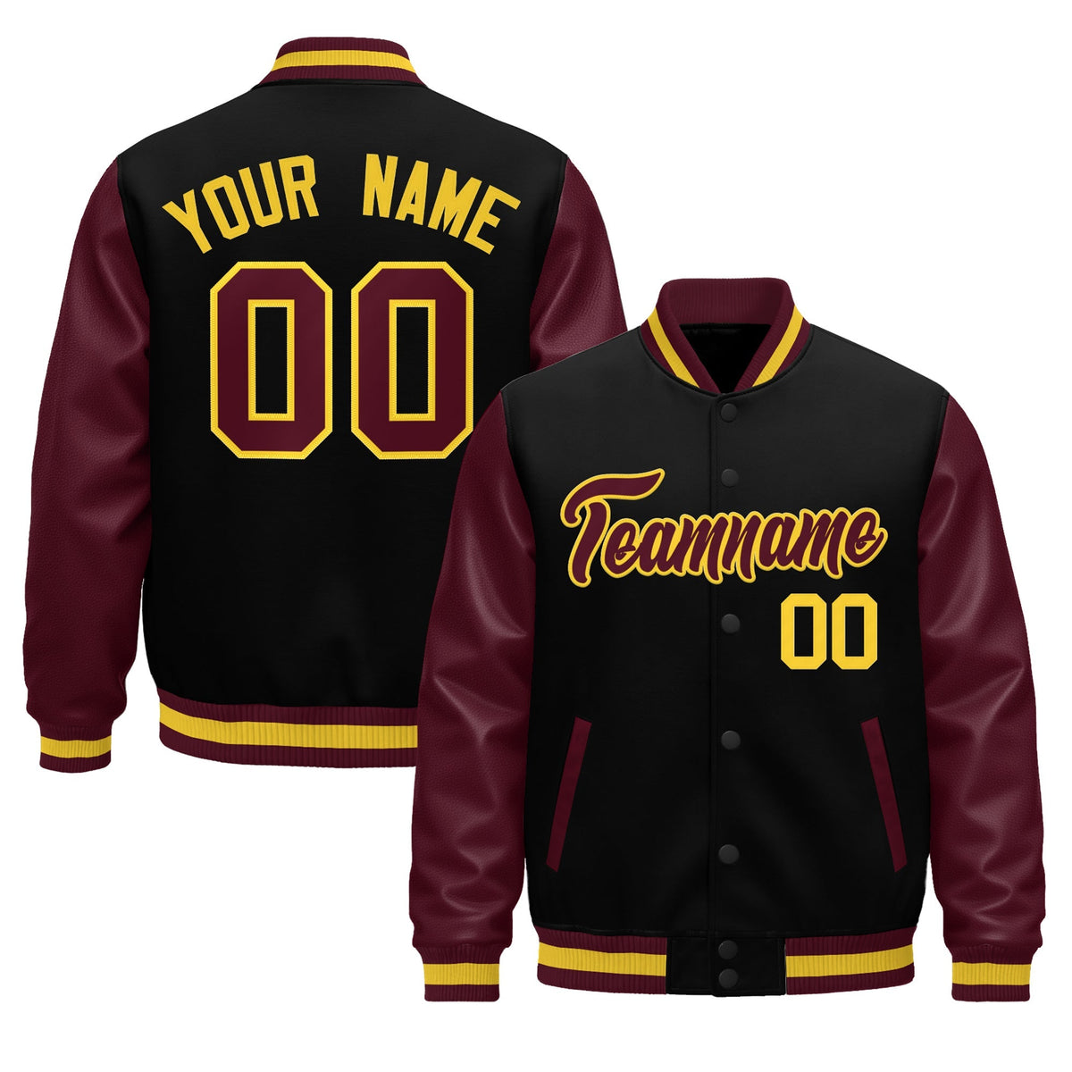 Custom Burgundy Black Crimson Gold Raglan Sleeves Varsity Full-Snap Leather Sleeves Letterman Jacket| KXKSHOP