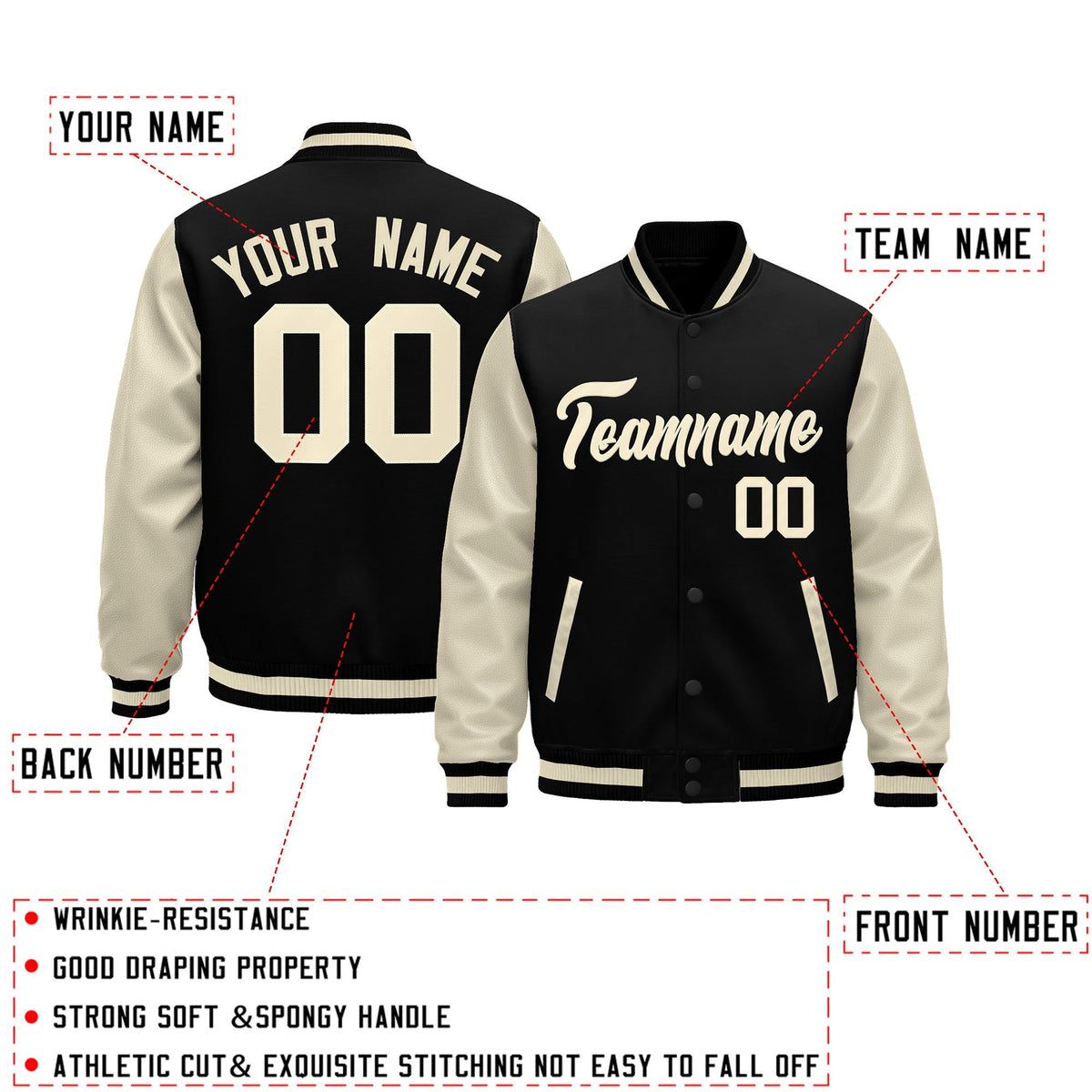 Custom Black Cream Raglan Sleeves Varsity Full-Snap Leather Sleeves Letterman Jacket| KXKSHOP
