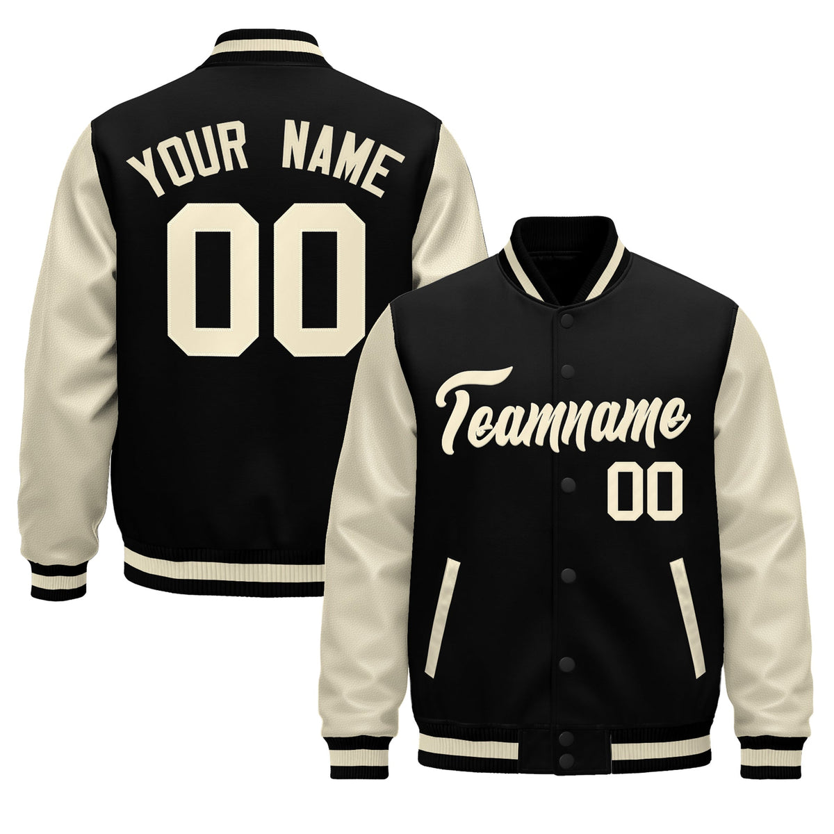 Custom Black Cream Raglan Sleeves Varsity Full-Snap Leather Sleeves Letterman Jacket| KXKSHOP