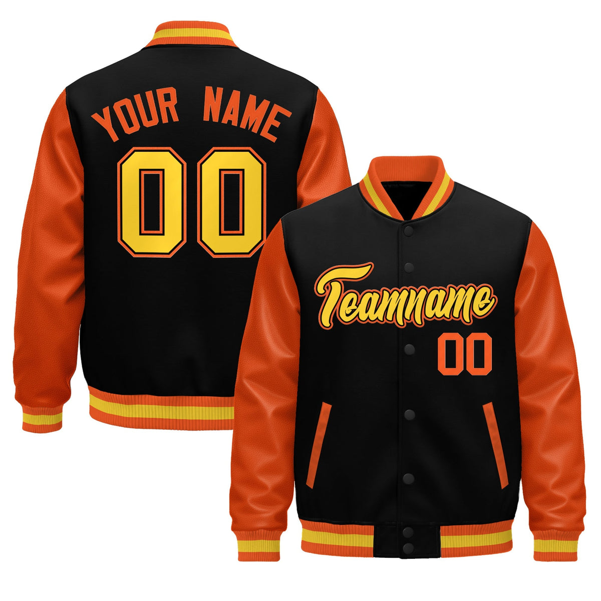 Custom Black Orange Gold Raglan Sleeves Varsity Full-Snap Leather Sleeves Letterman Jacket| KXKSHOP