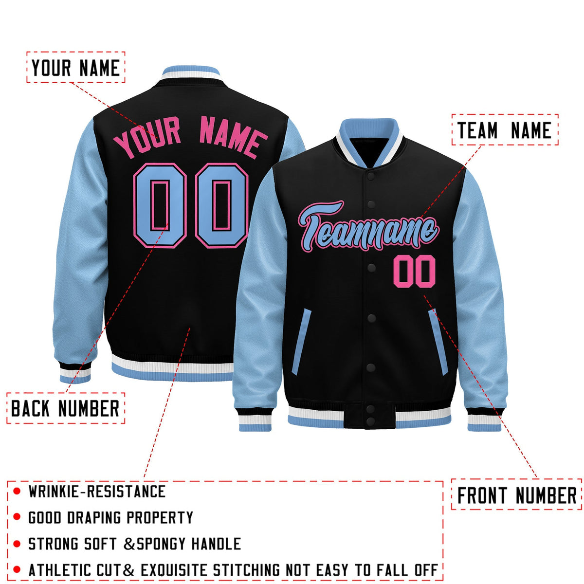 Custom Black Light Blue White Rose Red Raglan Sleeves Varsity Full-Snap Leather Sleeves Letterman Jacket| KXKSHOP