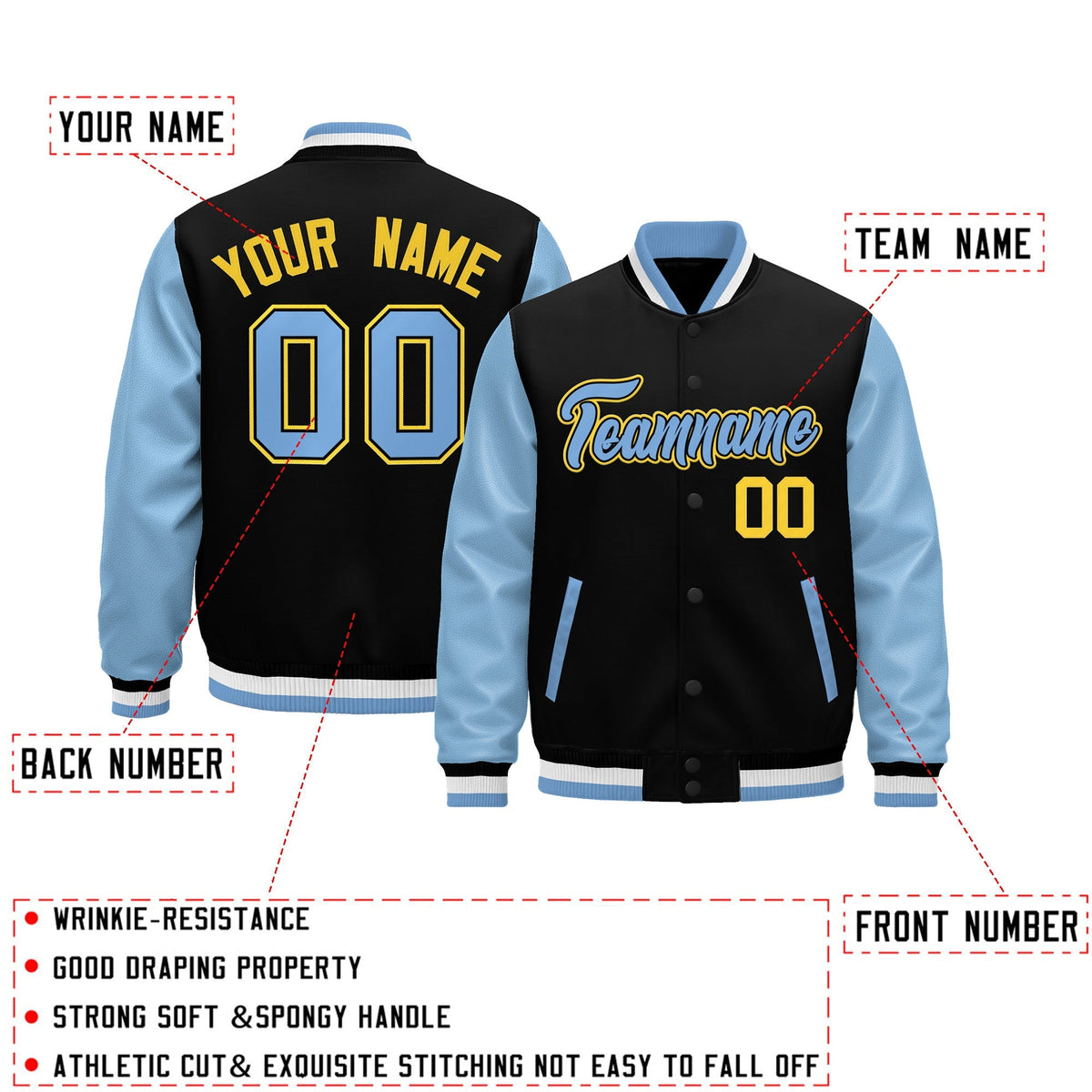 Custom Black Light Blue White Raglan Sleeves Varsity Full-Snap Leather Sleeves Letterman Jacket| KXKSHOP