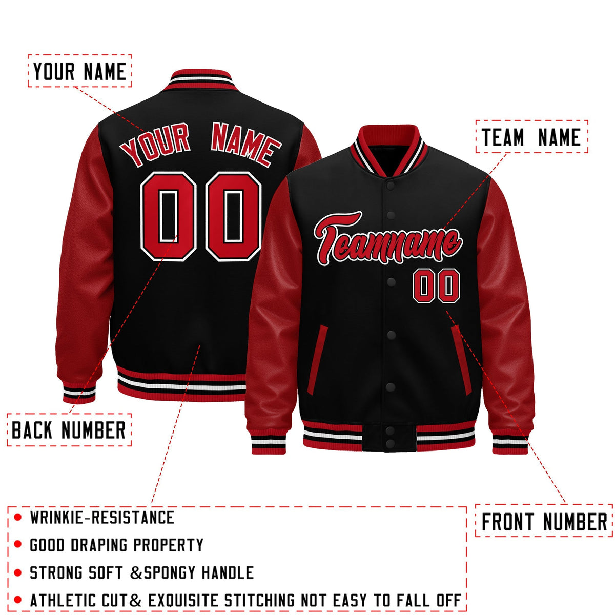 Custom Red Black White Raglan Sleeves Varsity Full-Snap Leather Sleeves Letterman Jacket| KXKSHOP