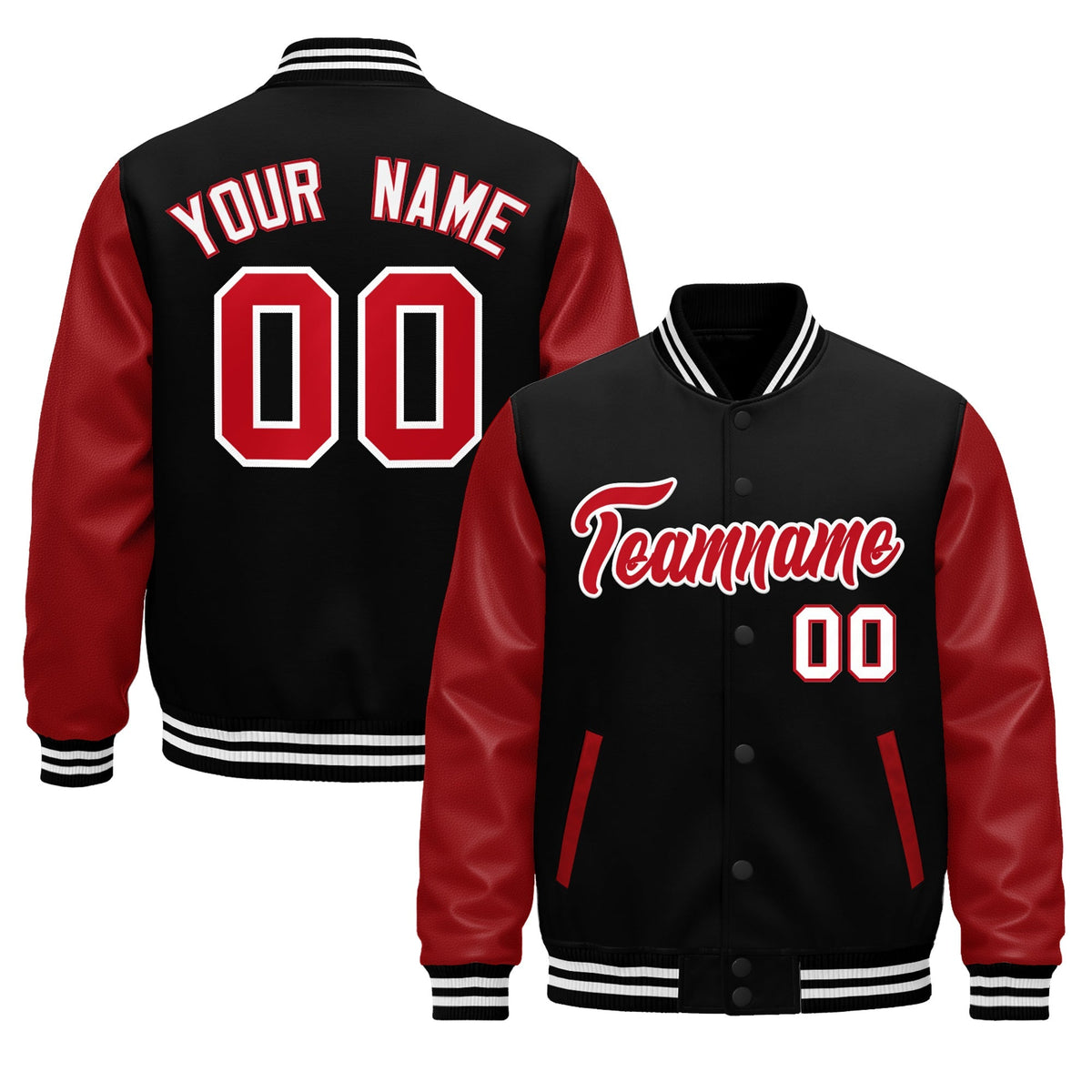 Custom Black White Red Raglan Sleeves Varsity Full-Snap Leather Sleeves Letterman Jacket| KXKSHOP