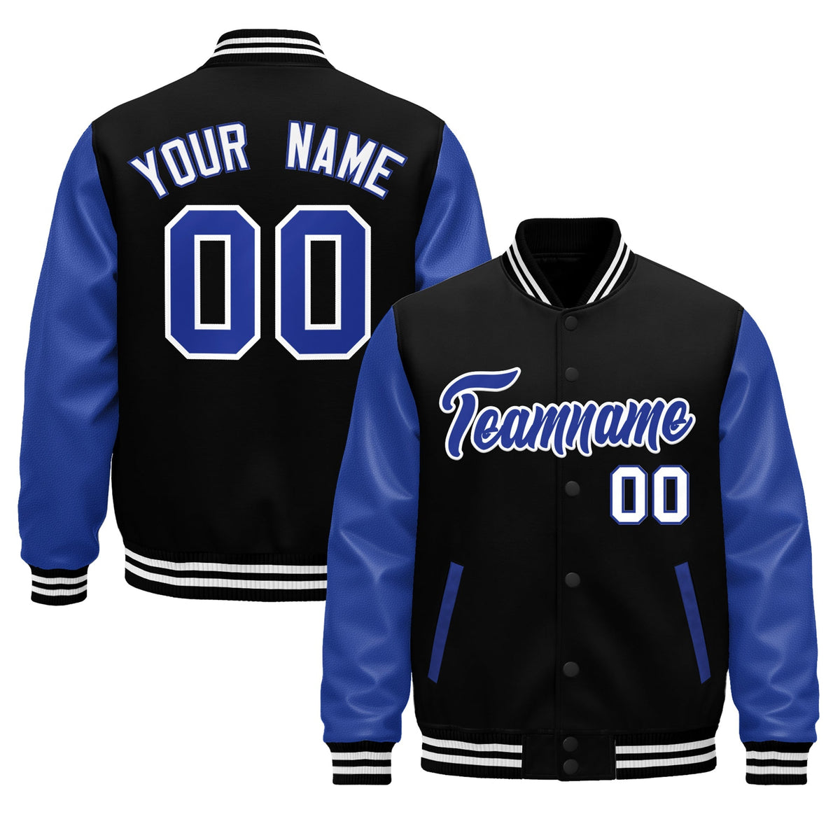 Custom Black Royal Blue White Raglan Sleeves Varsity Full-Snap Leather Sleeves Letterman Jacket| KXKSHOP