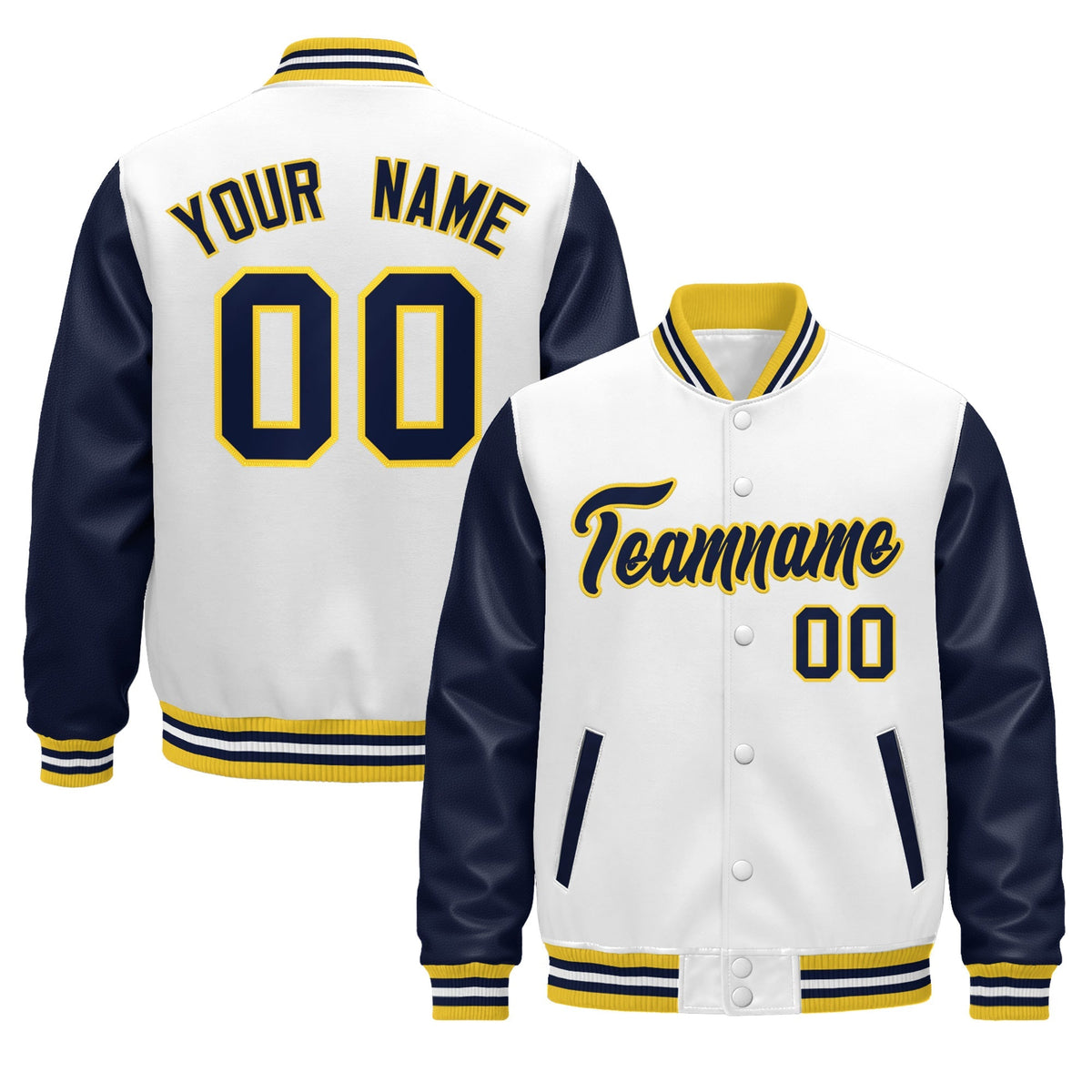 Custom Navy White Gold Raglan Sleeves Varsity Full-Snap Leather Sleeves Letterman Jacket| KXKSHOP