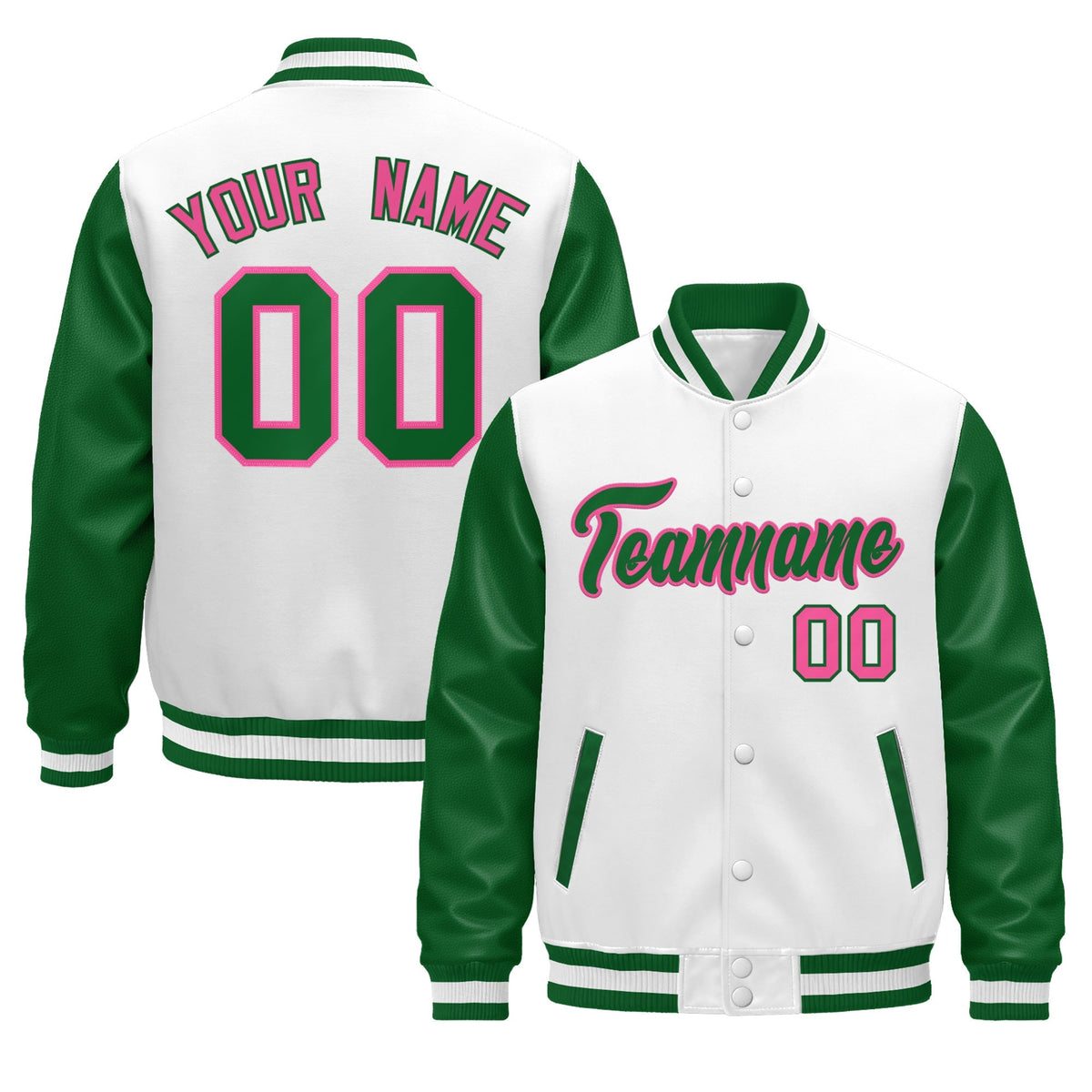 Custom Kelly Green White Rose Red Raglan Sleeves Varsity Full-Snap Leather Sleeves Letterman Jacket| KXKSHOP