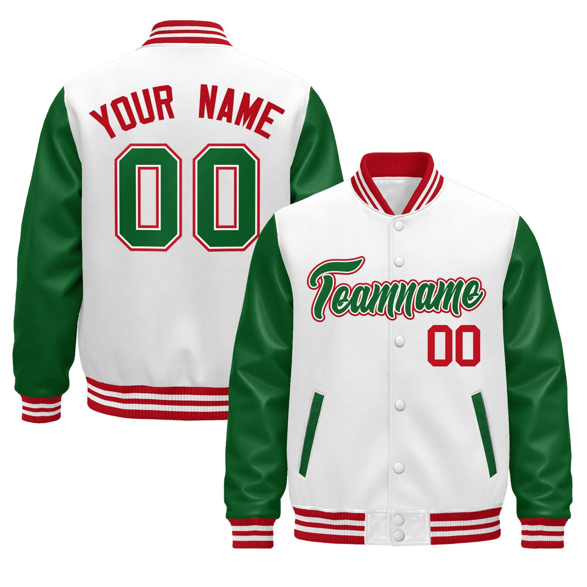 Custom Kelly Green White Red Raglan Sleeves Varsity Full-Snap Leather Sleeves Letterman Jacket| KXKSHOP
