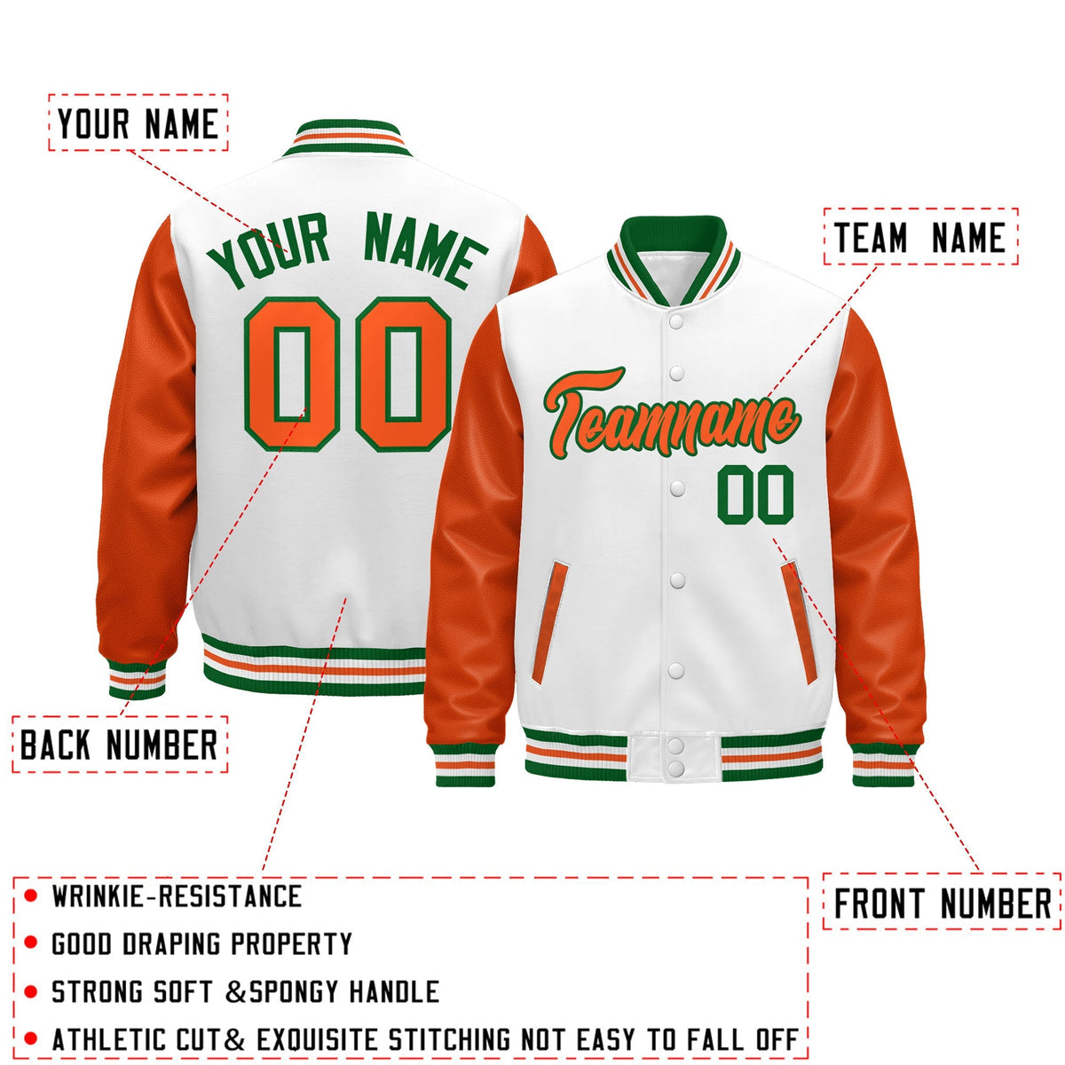 Custom White Orange Kelly Green Raglan Sleeves Varsity Full-Snap Leather Sleeves Letterman Jacket| KXKSHOP