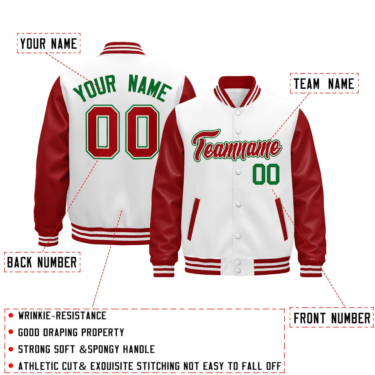 Custom Red White Kelly Green Raglan Sleeves Varsity Full-Snap Leather Sleeves Letterman Jacket| KXKSHOP