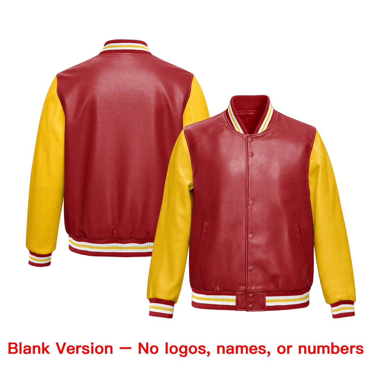Custom Red Yellow Raglan Sleeves Full-Snap Varsity Faux Leather Letterman Jacket