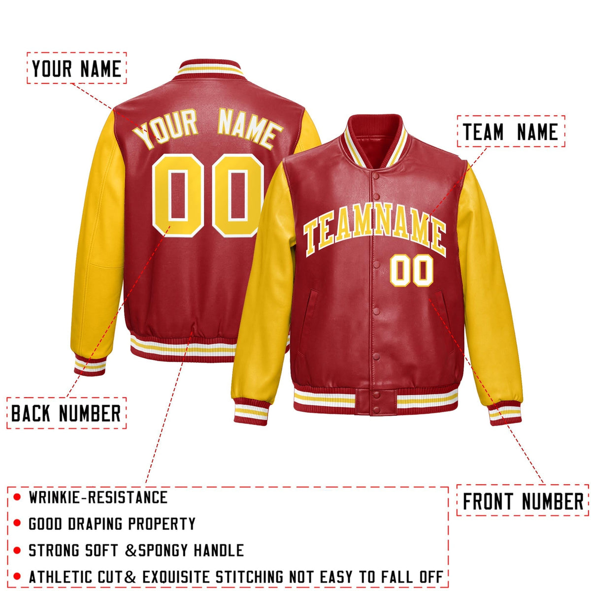 Custom Red Yellow Raglan Sleeves Full-Snap Varsity Faux Leather Letterman Jacket